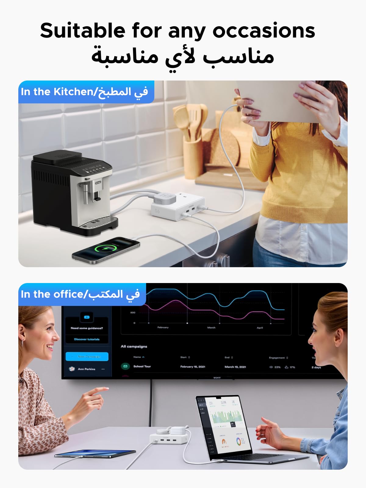 UGREEN شريط طاقة ‏6 في 1 ‏20 واط أبيض (2AC, 3A1C, 1.5متر)