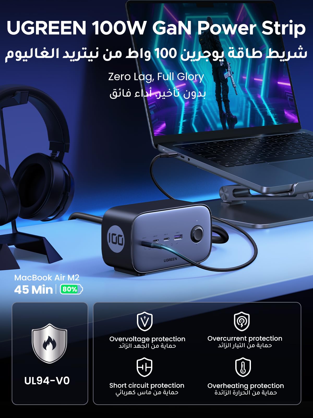 UGREEN Nexode شريط طاقة ‏6 في 1 ‏100 واط (2AC, 3C1A, 1.8متر)