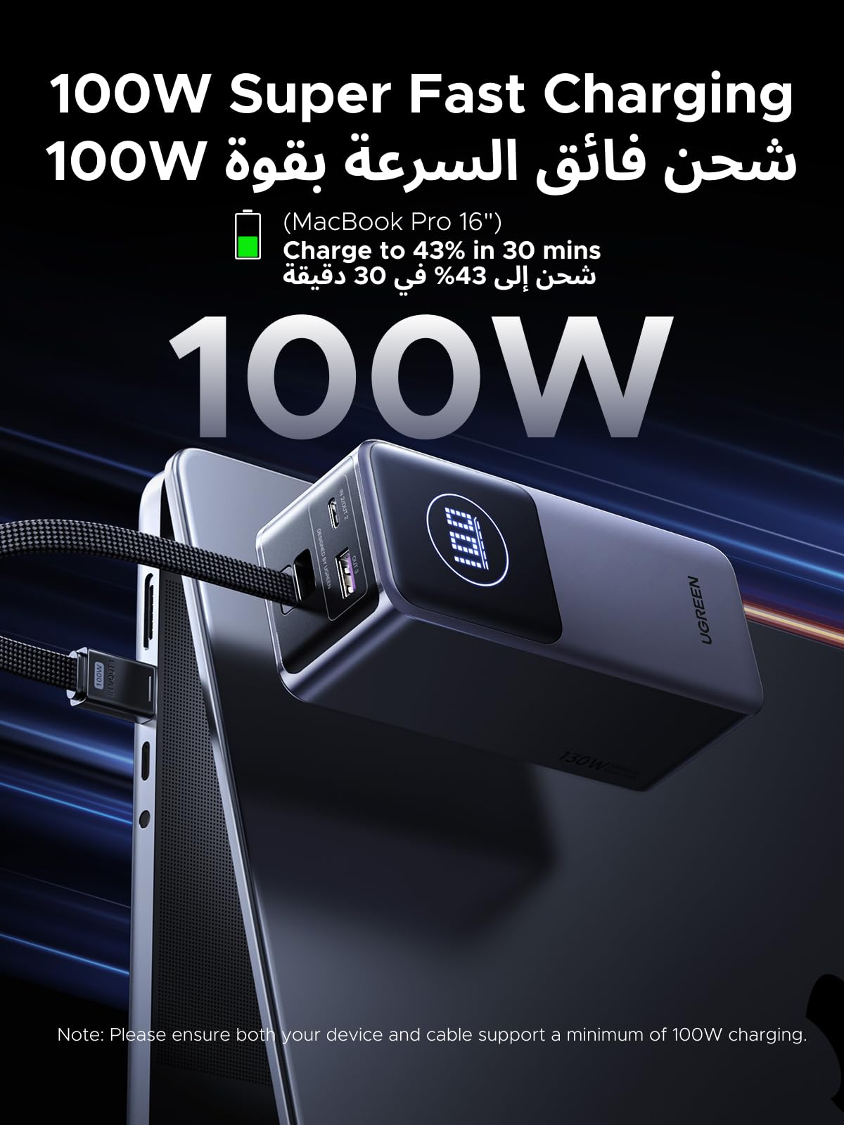 UGREEN Nexode Pro باور بنك ‎20000‎ مللي أمبير ‎130‎ واط مع كابل USB-C مدمج