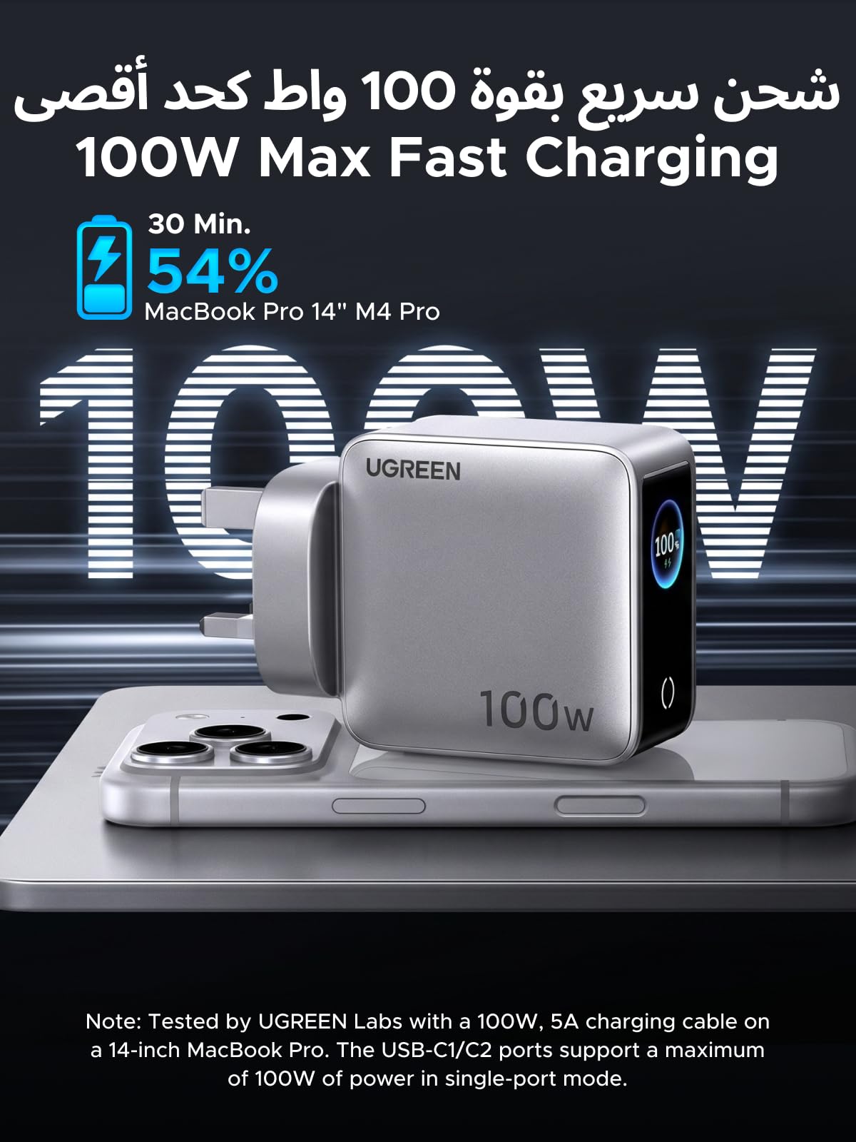 شاحن UGREEN Nexode Pro بقوة 100 واط وتقنية GaN مزود بـ 4 منافذ وشاشة ذكية