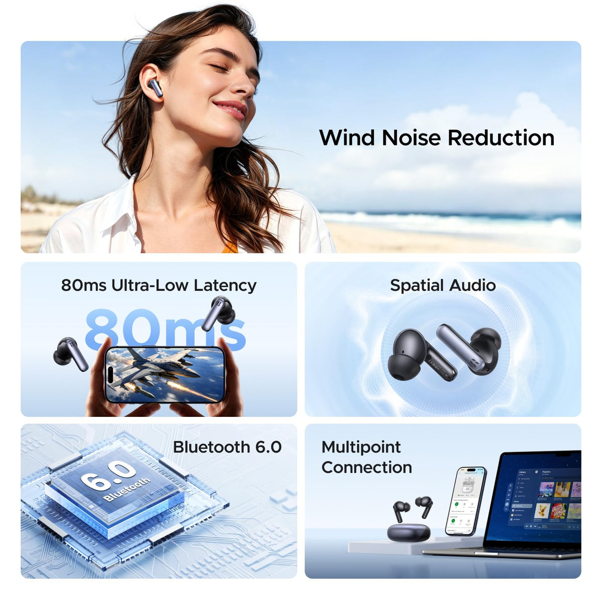 UGREEN EchoBuds Plus Earbuds 55dB Adaptive ANC 50H Playback Headsets Black