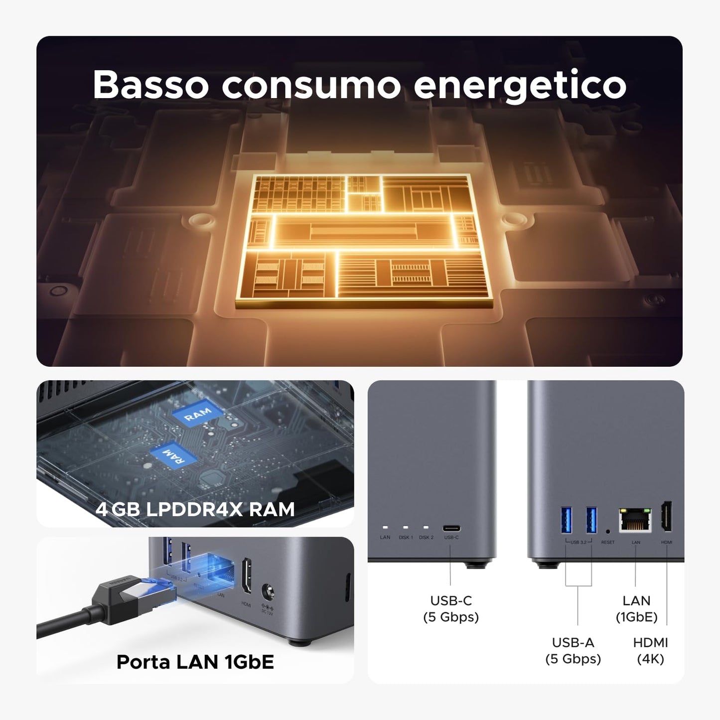UGREEN NASync DH2300 NAS desktop a 2 alloggiamenti, LAN 1 GbE, 4 GB RAM, connessione NFC One-Touch