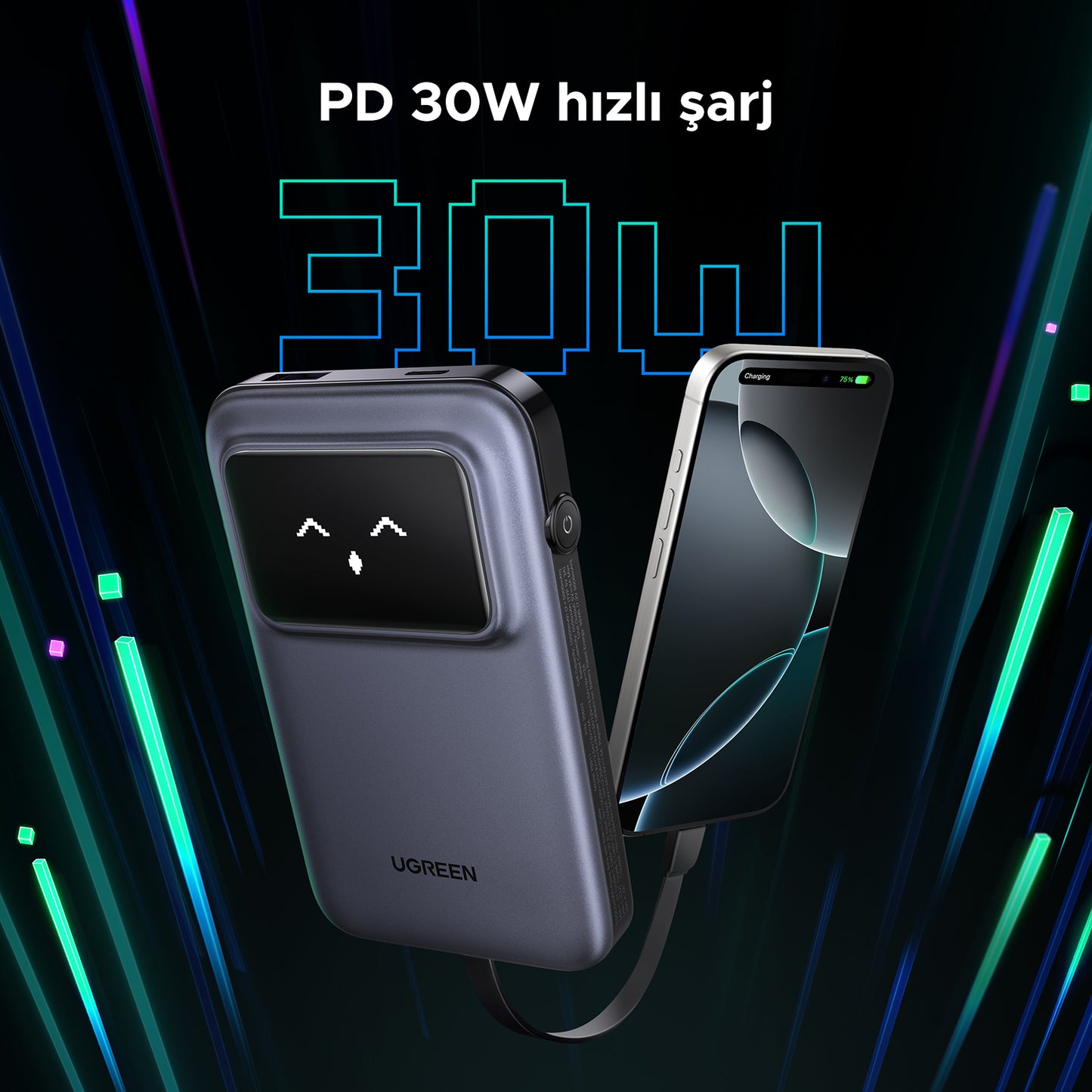 UGREEN Uno Powerbank 10000mAh 30W (Dahili Kablolu)