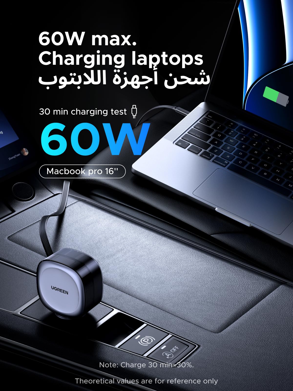 UGREEN شاحن سيارة 75 واط مع كابل USB-C قابل للسحب