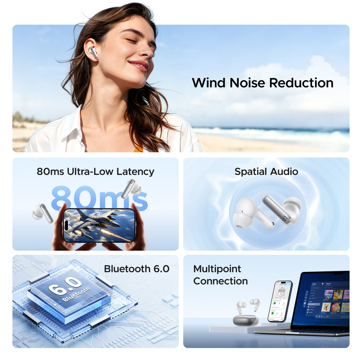 UGREEN EchoBuds Plus Earbuds 55dB Adaptive ANC 50H Playback Headsets White