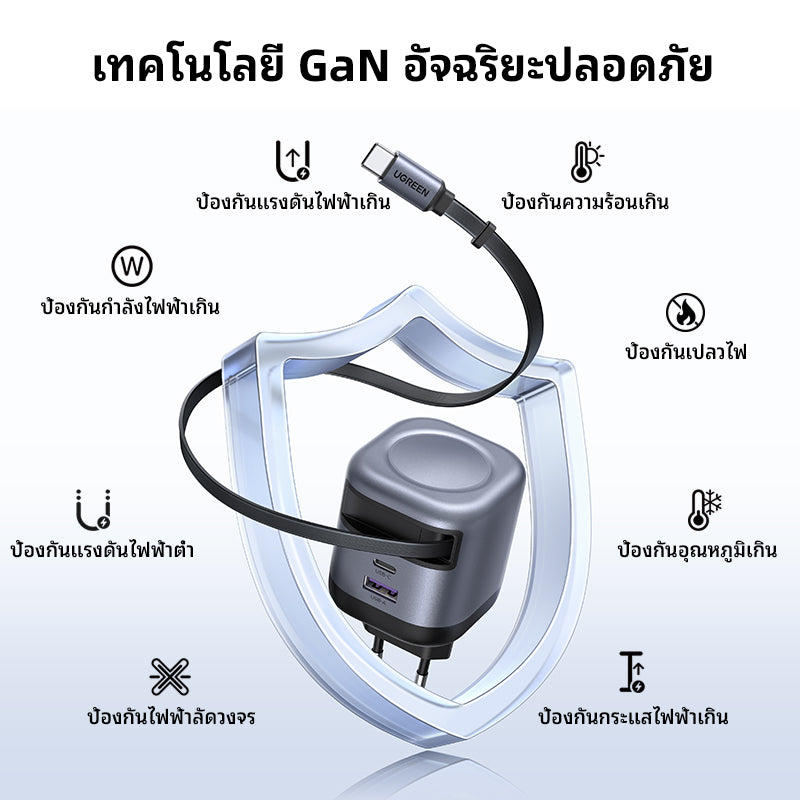 UGREEN Nexode หัวชาร์จแบบยืดหดได้ บิวท์อินสาย USB-C 45W
