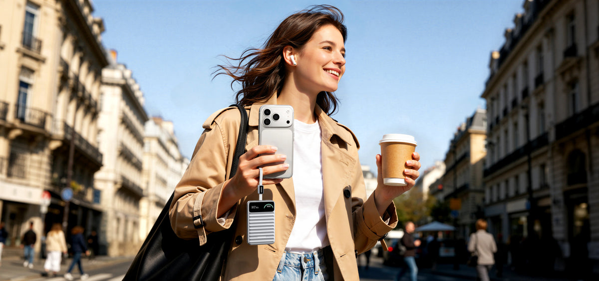 A portable power bank featuring UGREEN DymondCell™ technology, ideal for your daily commute to work or school.