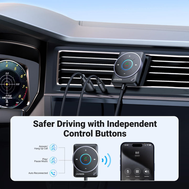 UGREEN Aux Bluetooth 5.4 Adapter For Car - Safer driving with independent control buttons