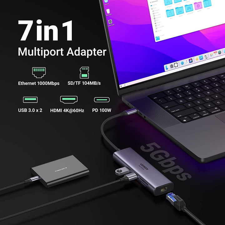 UGREEN Hub USB C, 7 en 1 Adaptador USB C con HDMI 4K 60Hz, Gigabit Eth