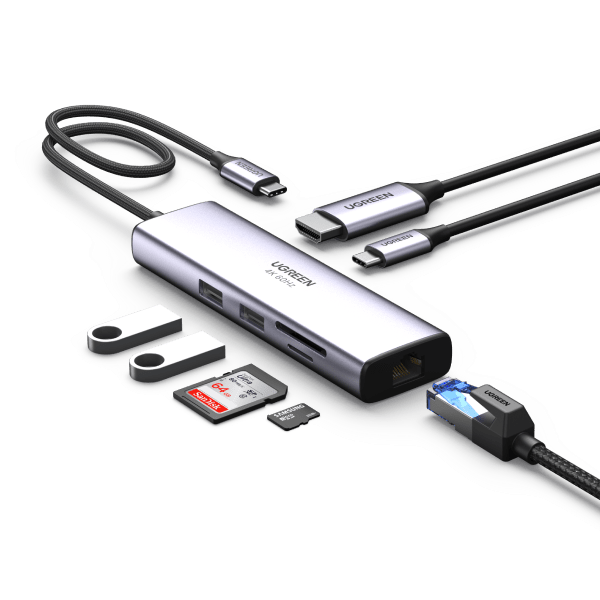 UGREEN Hub USB C, 7 en 1 Adaptador USB C a HDMI 4K 60Hz, Gigabit Ethernet