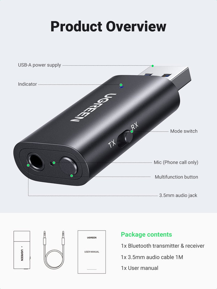 UGREEN Long Range Bluetooth 5.3 Adapter for PC, 328FT/100M USB Bluetooth  Dongle, Wireless Bluetooth Transmitter Receiver for Bluetooth Mouse  Keyboard