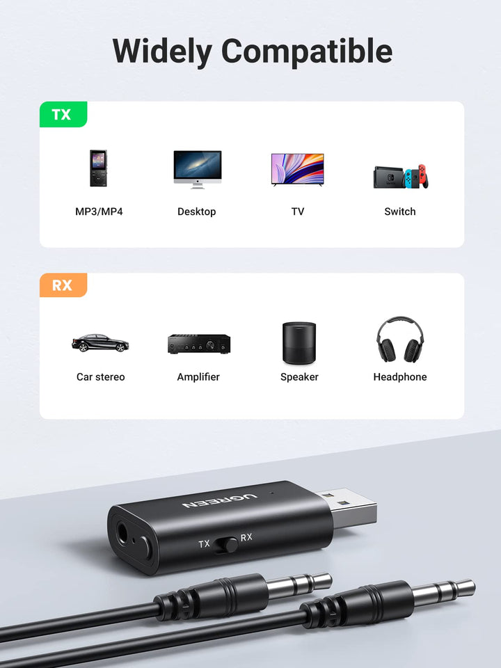 UGREEN Bluetooth Transmitter Receiver, 2 in 1 Wireless Aux Bluetooth  Adapter 3.5mm, Bluetooth 5.0, Long Battery Life, Dual Connection for Car