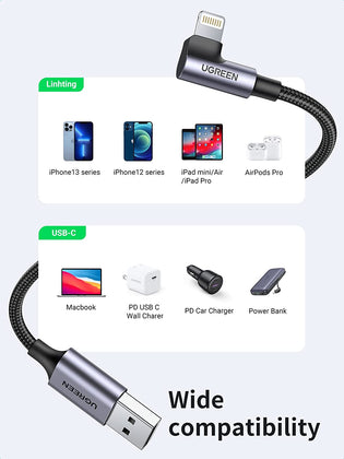 Ugreen MFi Certification Right Angel Lightning to USB A Cable