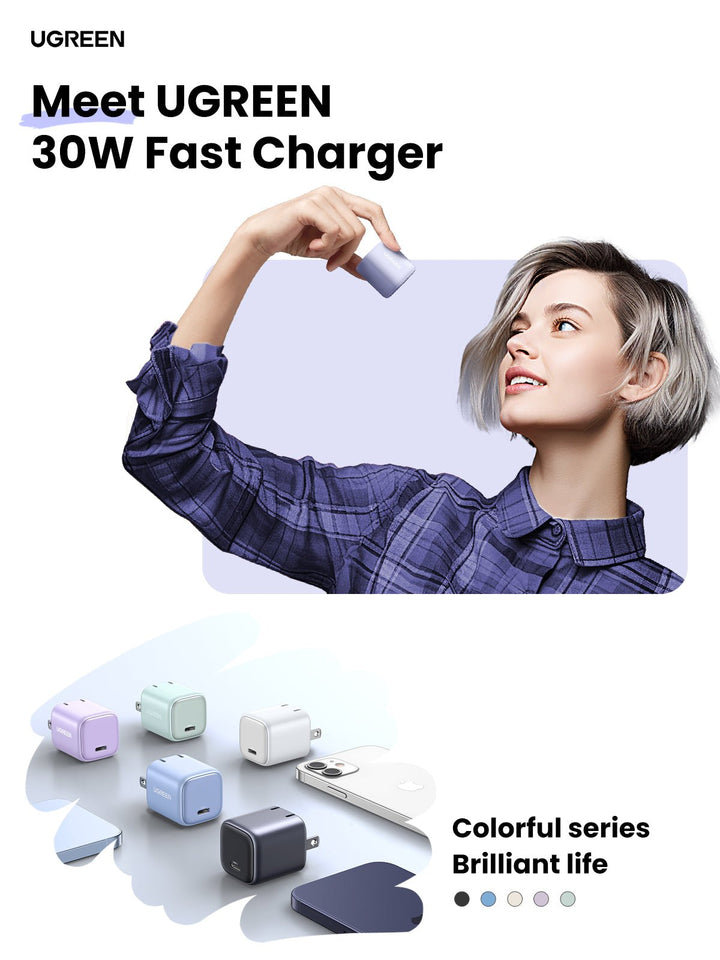 UGREEN 30W Mini Cargador USB C, GAN PD Cargador Rápido Portatil Compat