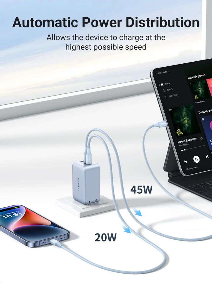 ugreen 65w usb c gan charger 3 ports - automatic power distribution