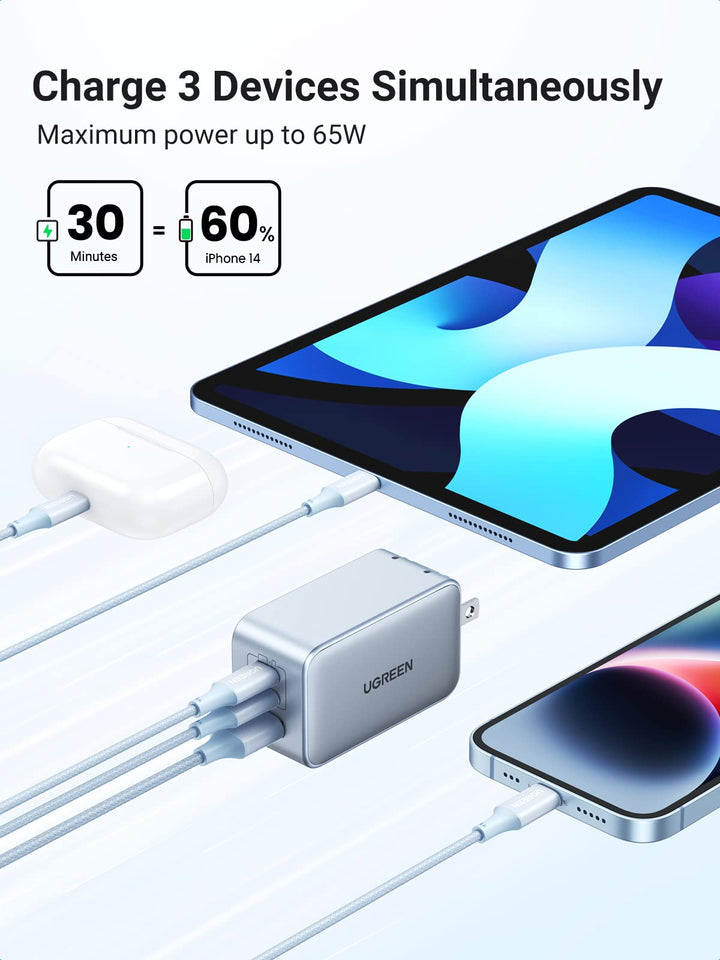 UGREEN 3 Port GaN 65W PD Wall Charger Black - Incredible Connection