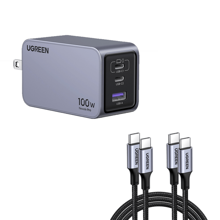 UGREEN 100w Nexode Pro iphone charger in silver with multiple ports (USB-C1, USB-C2, USB-A) and four UGREEN USB-C cables with braided cords.