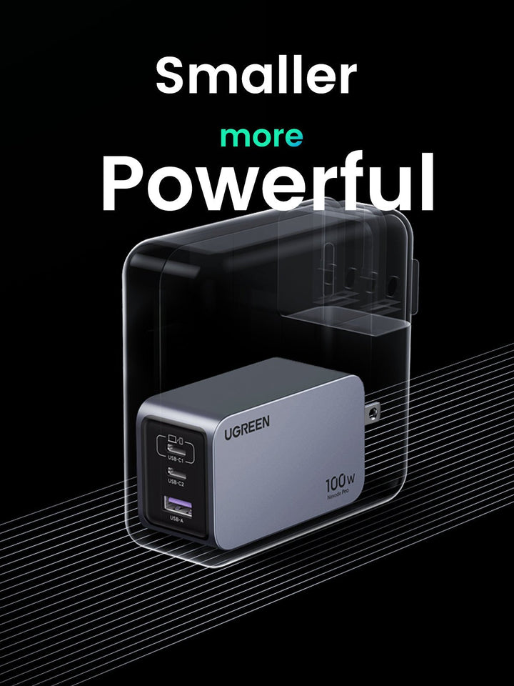 UGREEN 100W iphone charger highlighting its compact size and powerful performance. The charger, labeled 100w Nexode Pro, features multiple ports (USB-C1, USB-C2, USB-A) and is presented in a sleek gray design.