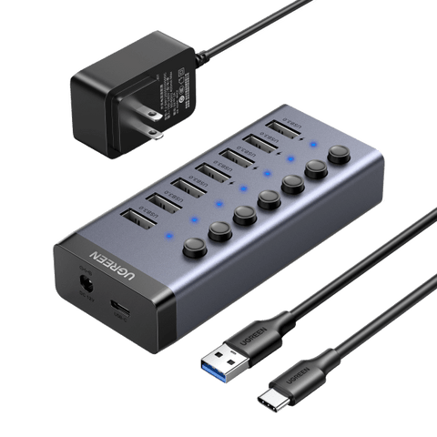 USB Hub 3.0 Splitter,7 Port USB Data Hub with Individual On/Off Switches  and Lights for Laptop, PC, Computer, Mobile HDD, Flash Drive and More