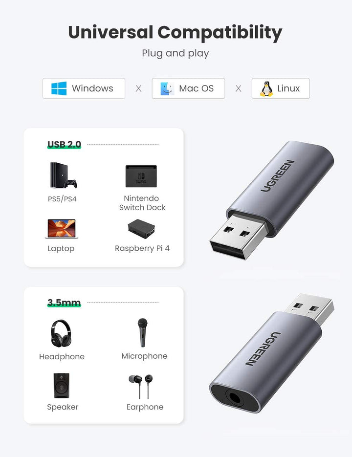 UGREEN Carte Son Externe Adaptateur USB Audio vers 3,5 mm Jack Compatible  avec PS5 PS4